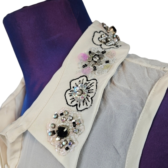 Milly 100% Silk Cream Sleeveless Blouse Jeweled‎ Collar Size 0 Women's D64 - Picture 3 of 14